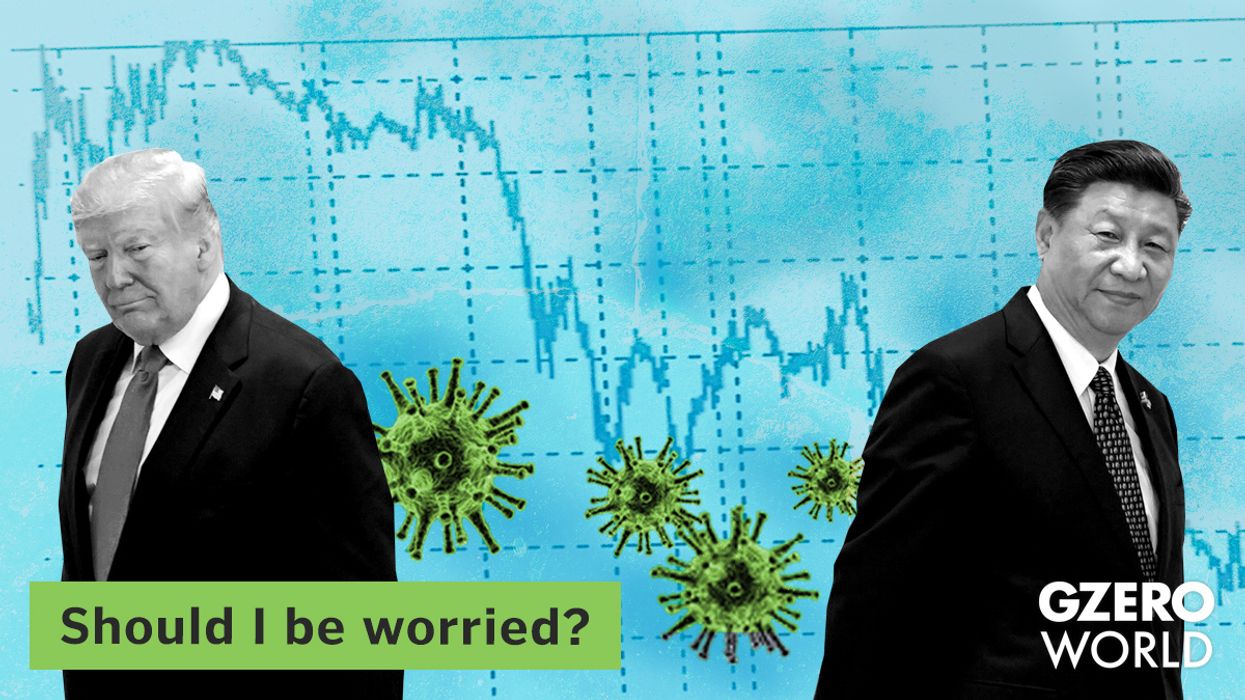Graphic text: Should I be worried? Illustration of Donald Trump and Xi Jinping with their backs to each other, COVID molecules and a downward graph behind them
