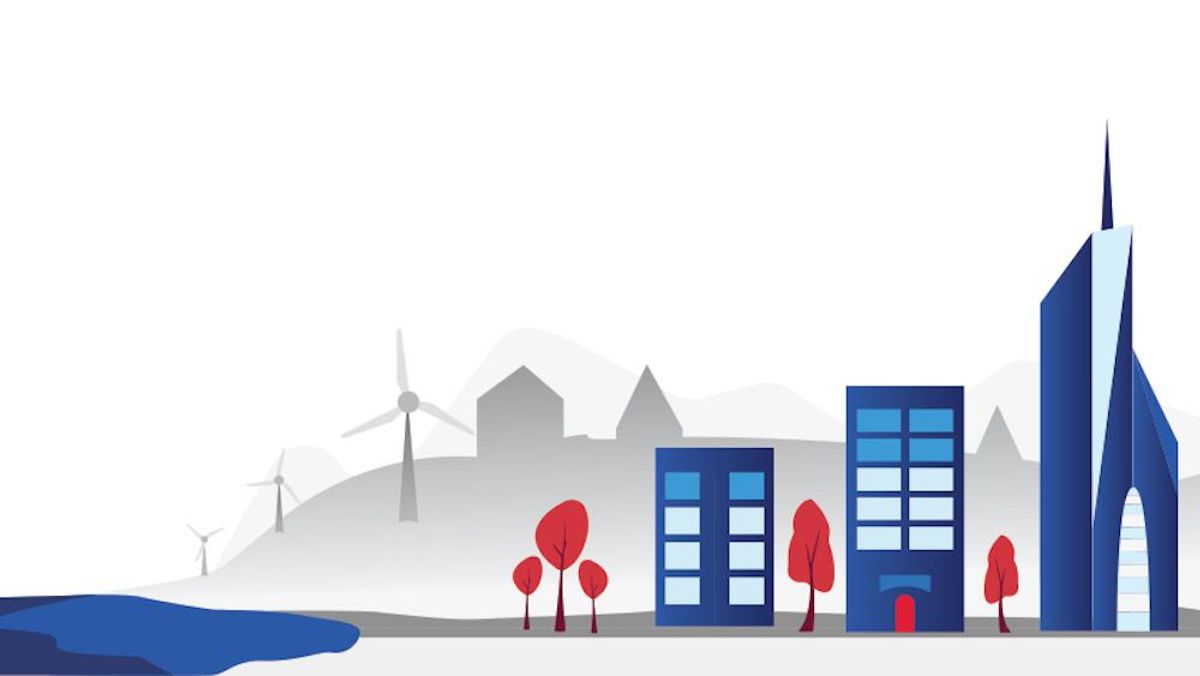 Graphic with a cityscape in the foreground and wind turbines in the background