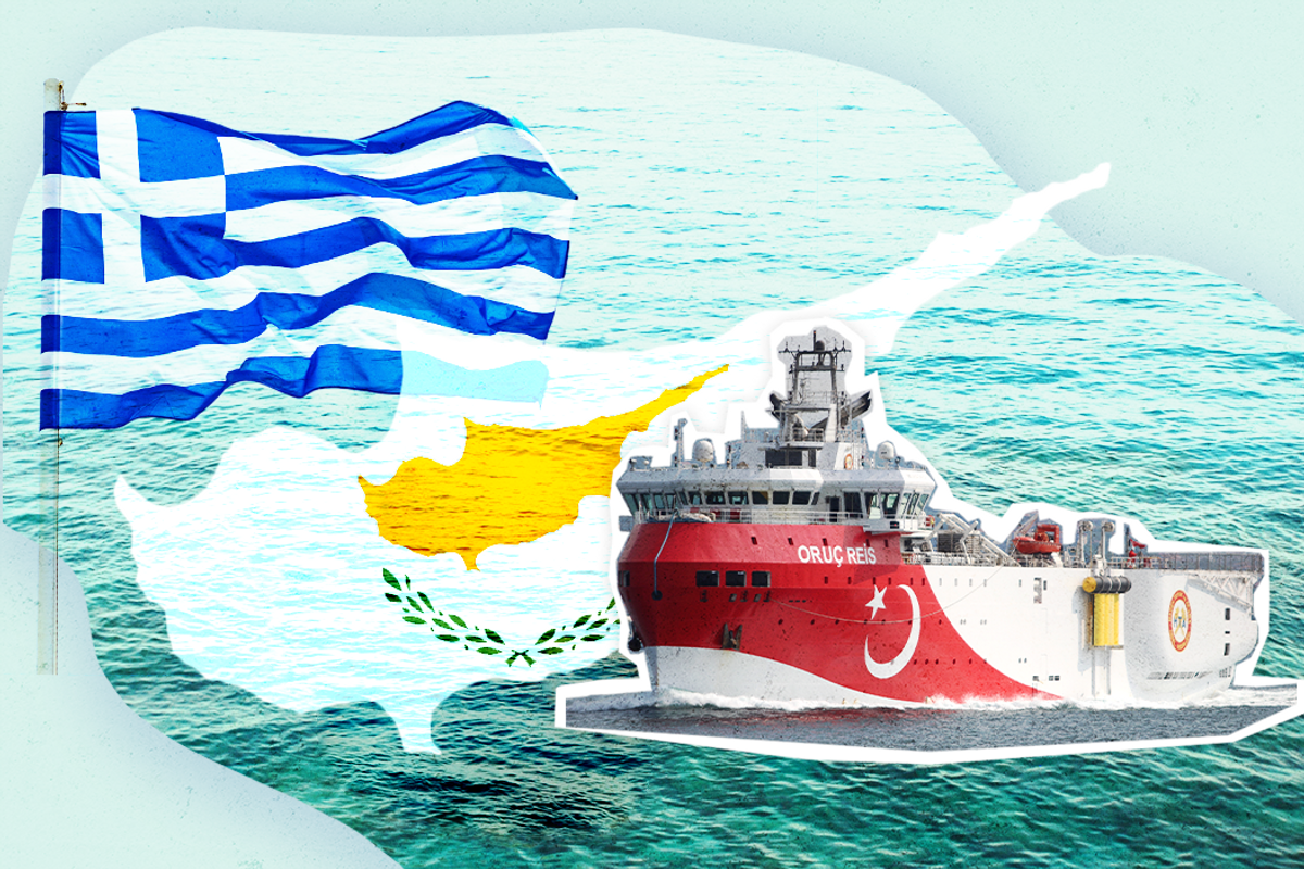 Greece and Turkey clash over maritime claims in the Eastern Mediterranean, with Cyprus involved. Art by Gabriela Turrisi