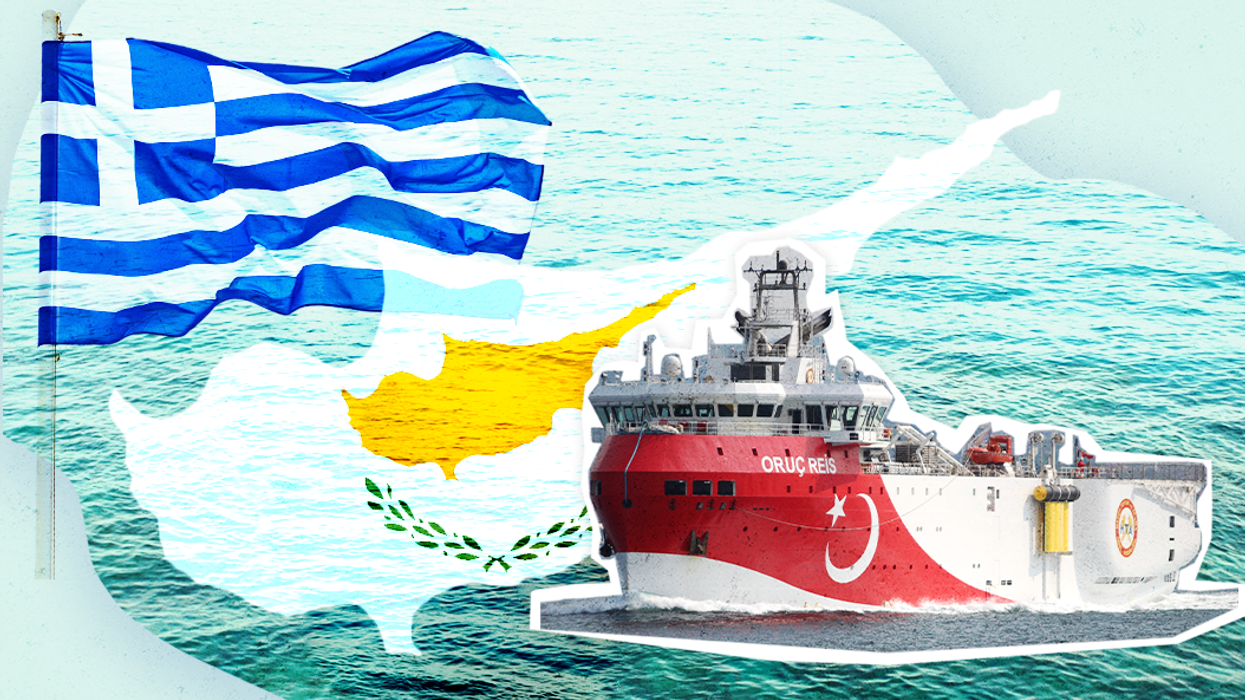 Greece and Turkey clash over maritime claims in the Eastern Mediterranean, with Cyprus involved. Art by Gabriela Turrisi