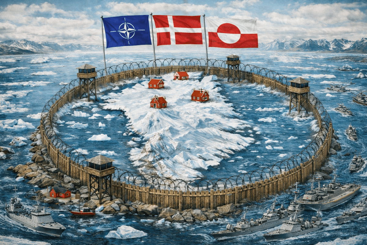 ​Greenland surrounded by military ships, patrols, and the Greenland, Danish, and NATO flags. 