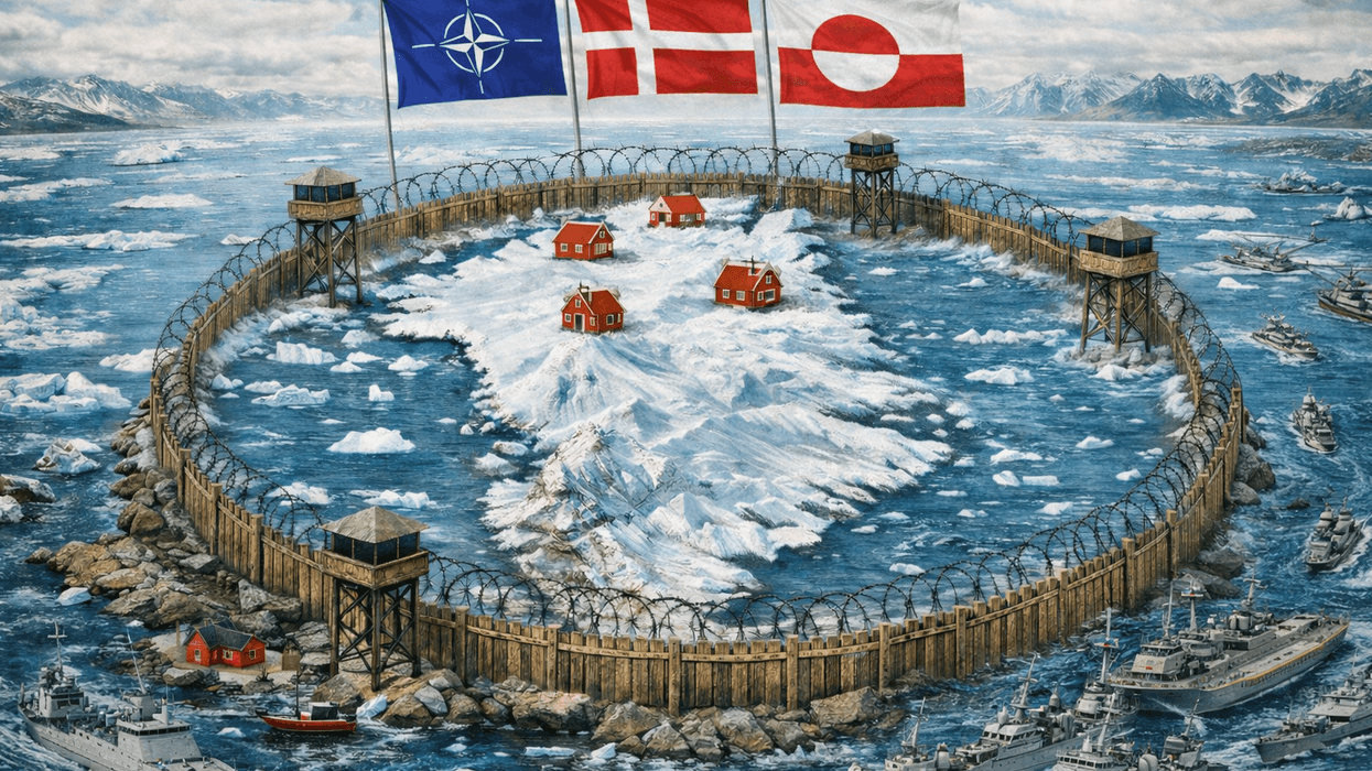 Greenland surrounded by military ships, patrols, and the Greenland, Danish, and NATO flags.