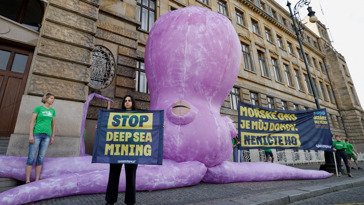 Greenpeace activists hold a protest demanding an end to deep-sea mining in Prague, Czech Republic.