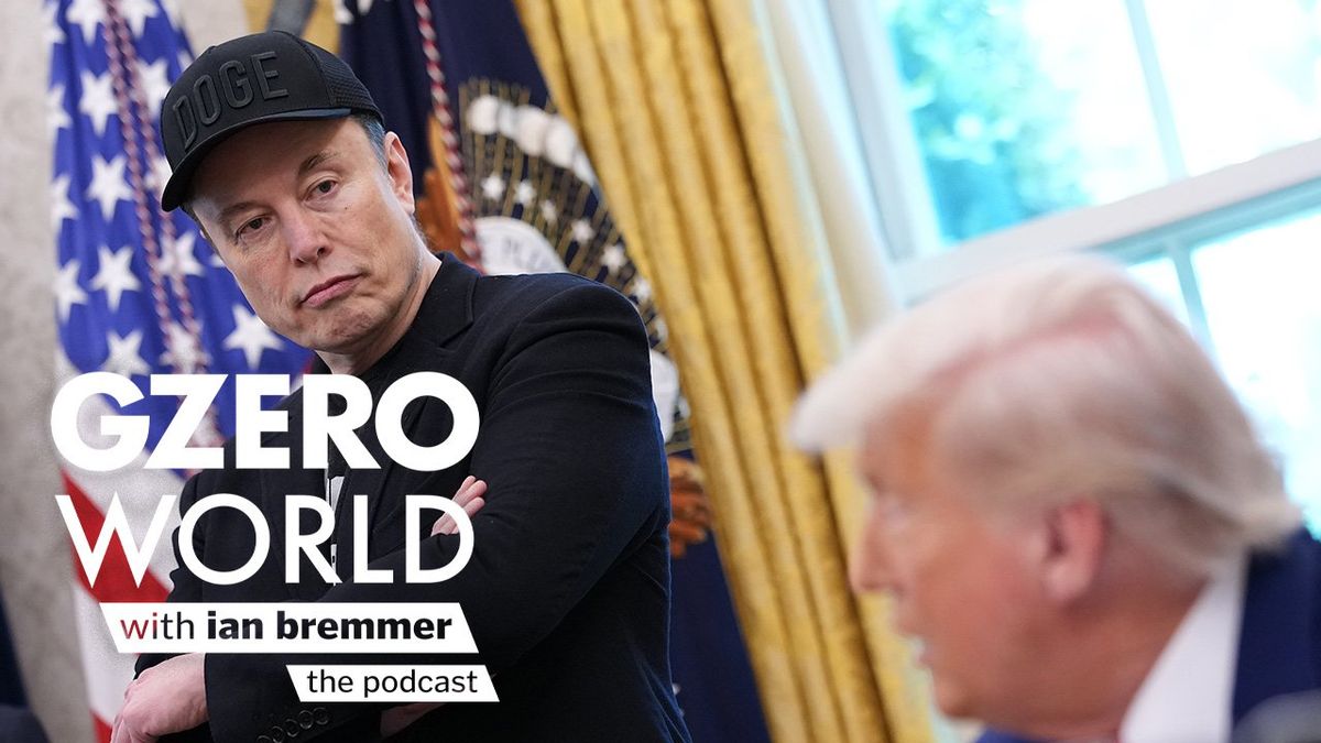 GZERO World podcast logo superimposed on a photo of Elon Musk looking at President Donald Trump in the Oval Office. 
