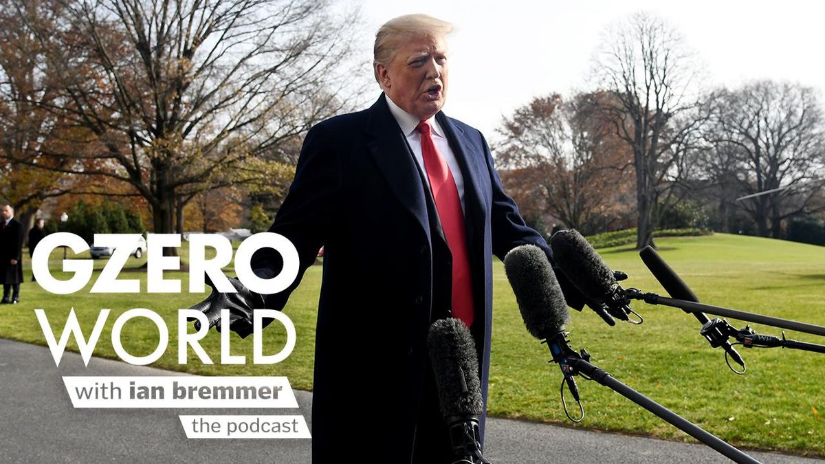 GZERO World with Ian Bremmer - the podcast | close up of Former President Trump speaking to media outside, in front of microphones.