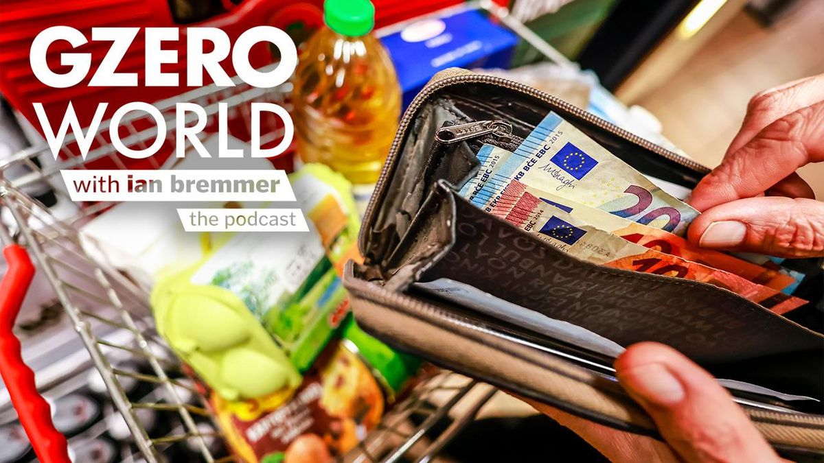 GZERO World with Ian Bremmer - the podcast | close up on a wallet with Euros held by a supermarket shopper