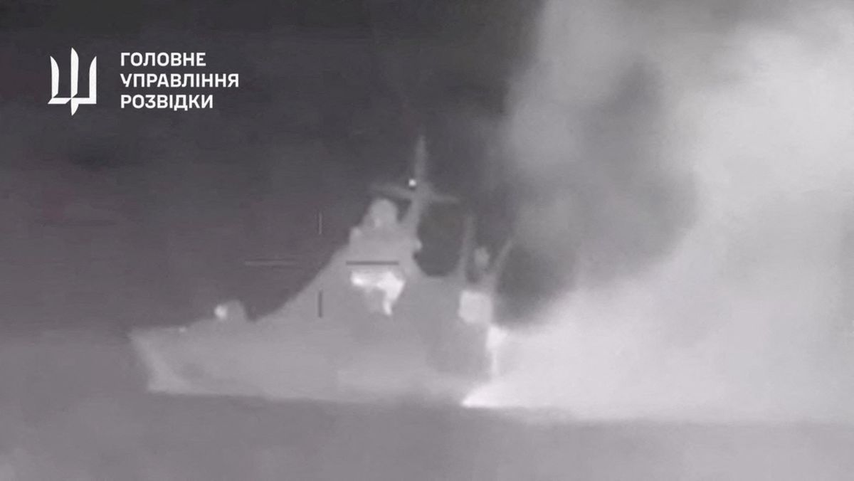 ​Handout footage shows smoke rising from what Ukrainian military intelligence said is the Russian Black Sea Fleet patrol ship Sergey Kotov that was damaged by Ukrainian sea drones, at sea, at a location given as off the coast of Crimea, in this still image obtained from a video released on March 5, 2024. 