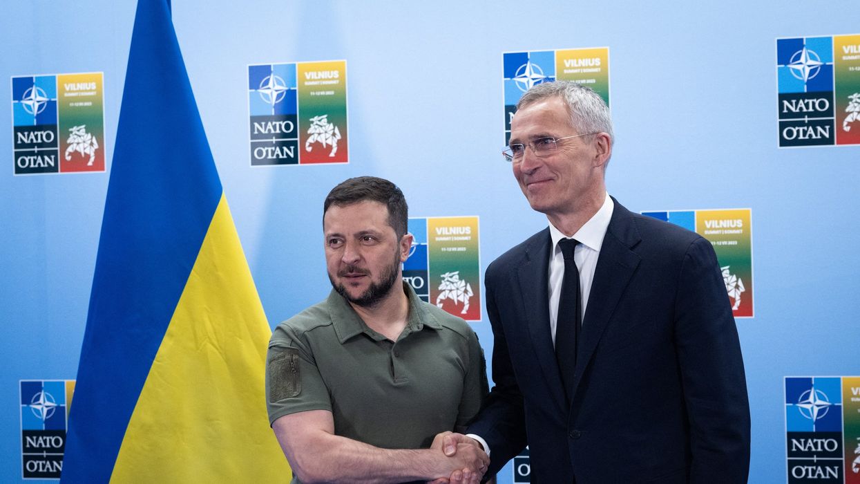 Handout photo shows Left to right: President Volodymyr Zelenskyy (Ukraine) with NATO Secretary General Jens Stoltenberg in Vilnius. NATO Secretary General Jens Stoltenberg welcomed Ukraine's President Volodymyr Zelensky to the NATO Summit on Wednesday July 12, 2023, ahead of the inaugural meeting of the NATO-Ukraine Council in Vilnius, Lithuania.
