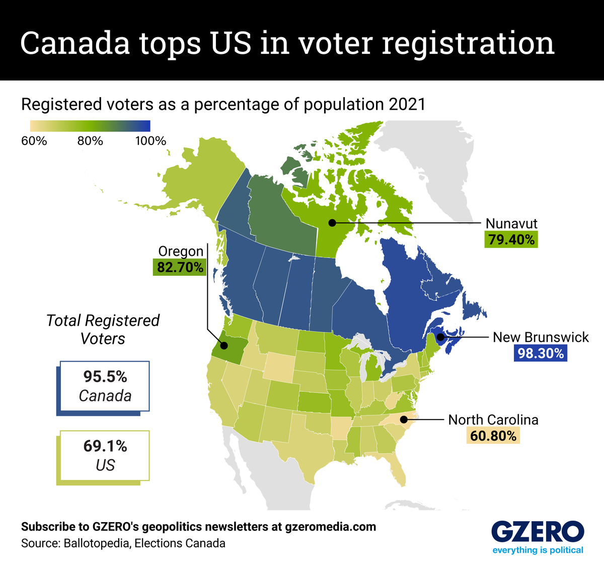 ​Heat map of Canada and US voter registration levels