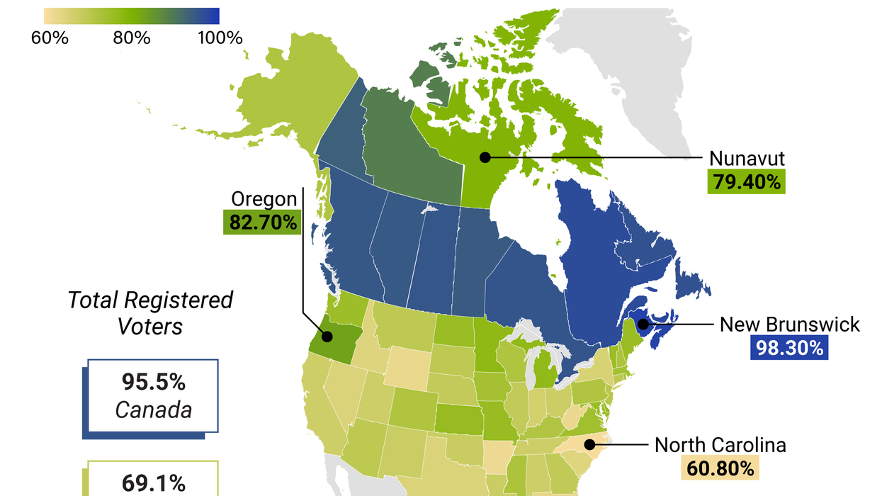 Heat map of Canada and US voter registration levels