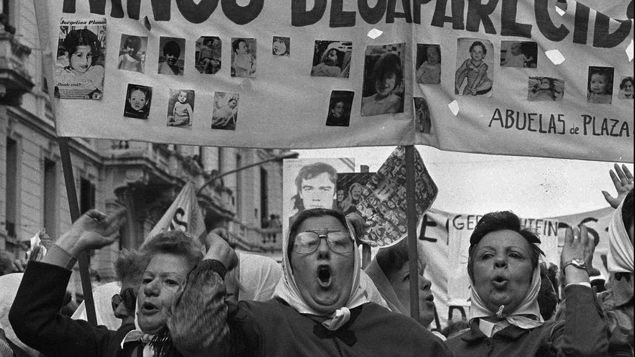 Hebe de Bonafini, the head of Argentina's Mothers of Plaza de Mayo group, whose children disappeared during the dirty war of 1970s, leads one of the marches in Buenos Aires's Plaza de Mayo in December 1979.