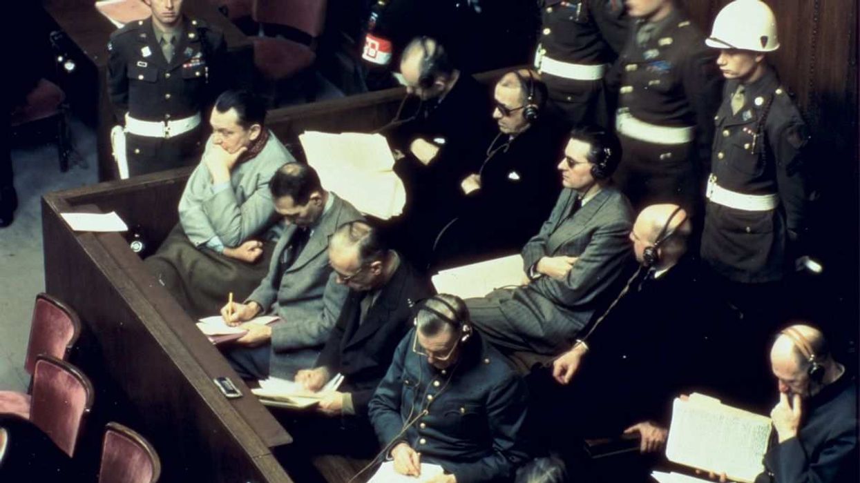 Hermann Goering, Rudolf Hess, Joachim von Ribentrop, and Wilhelm Keitel at the Nuremberg Trials, 1945-46.