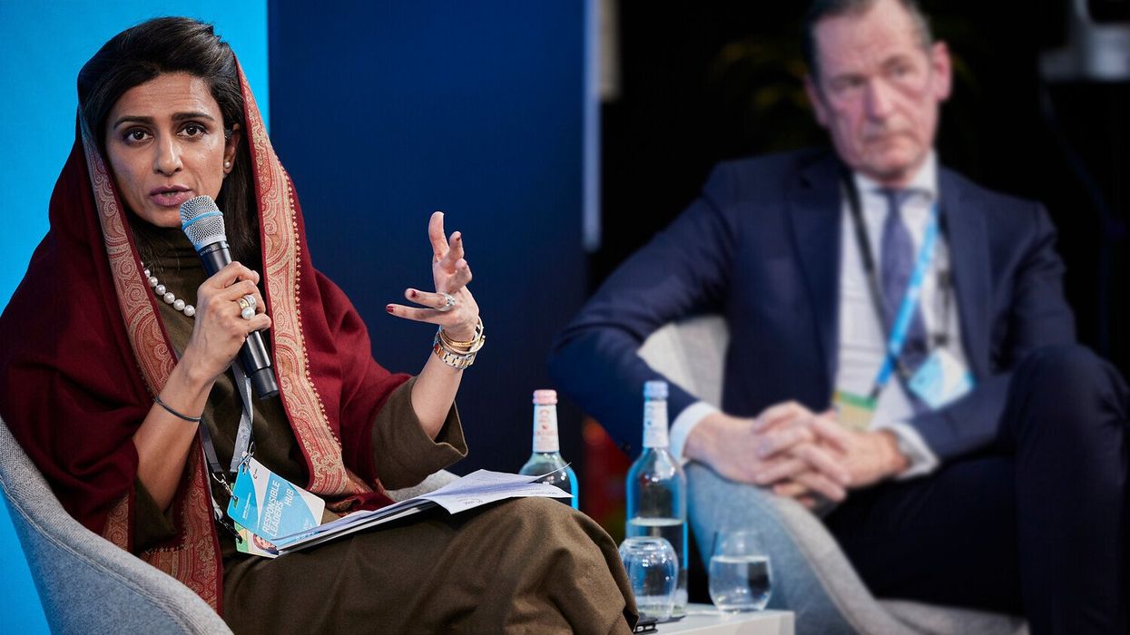 Hina Rabbani Khar, former Minister of State for Foreign Affairs, Pakistan and Matthias Döpfner, CEO of media group Axel Springer SE, Germany speaking at a conference
