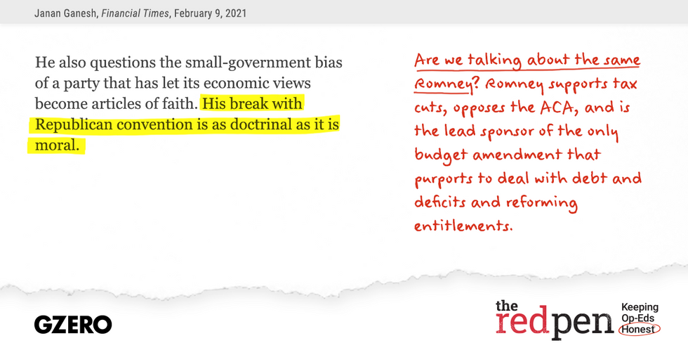 "His break with Republican convention is as doctrinal as it is moral." Are we talking about the same Mitt Romney?