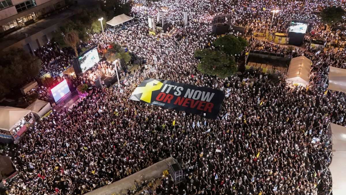 ​Hostage families and supporters protest in Tel Aviv