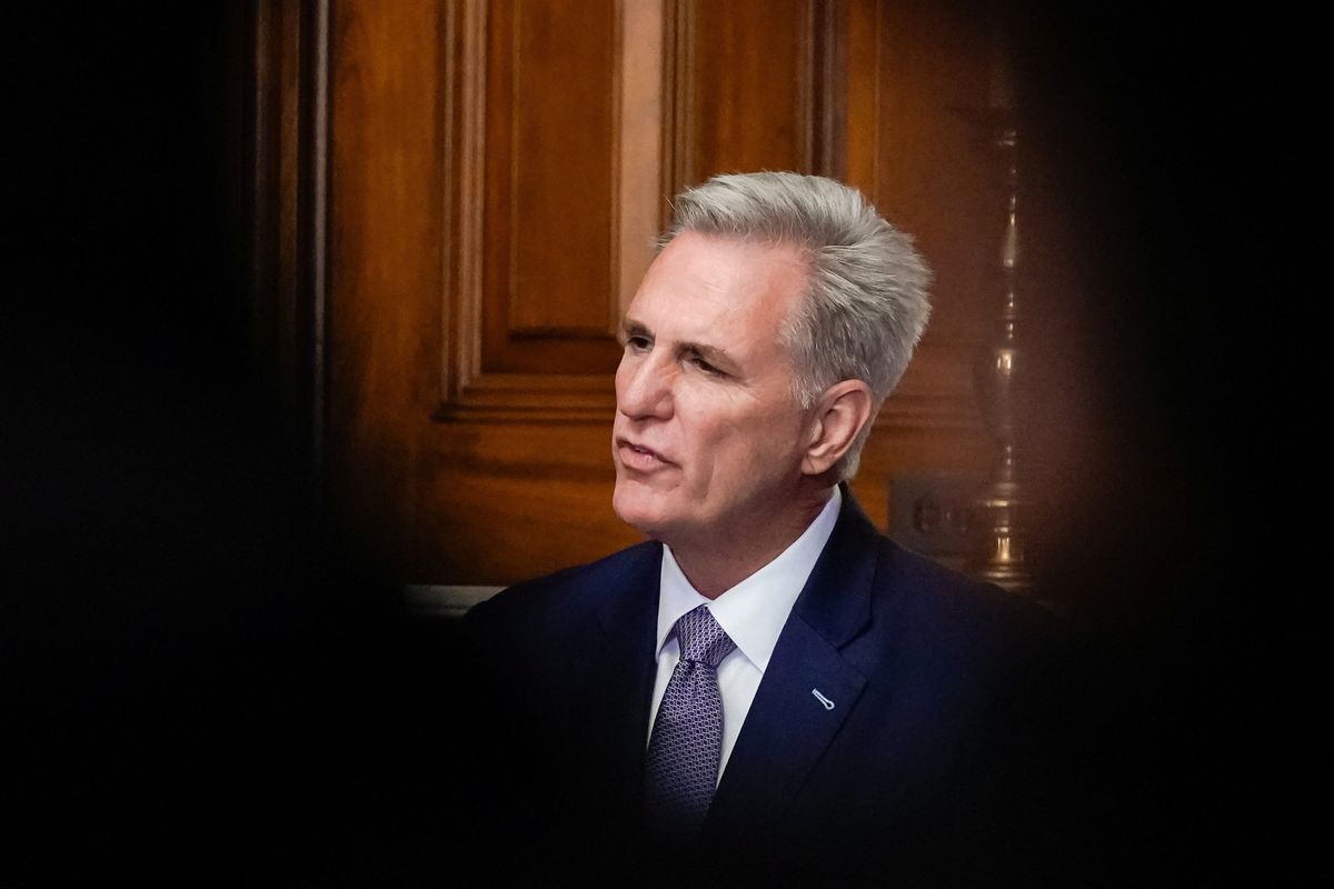 House Speaker Kevin McCarthy speaks to reporters in the US Capitol after the House of Representatives passed a stopgap government funding bill to avert an immediate government shutdown. 