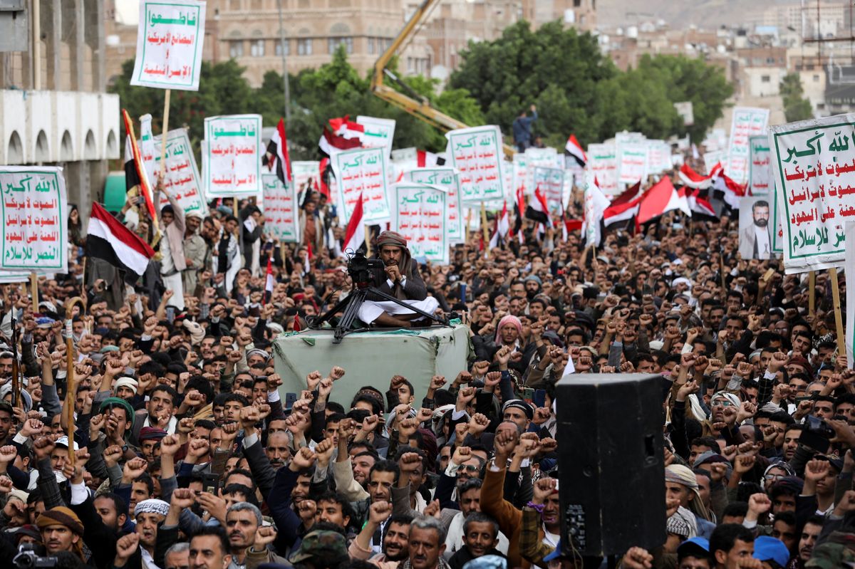 Houthi supporters rally in Sana'a to mark the 8th anniversary of the Saudi-led military intervention in Yemen.