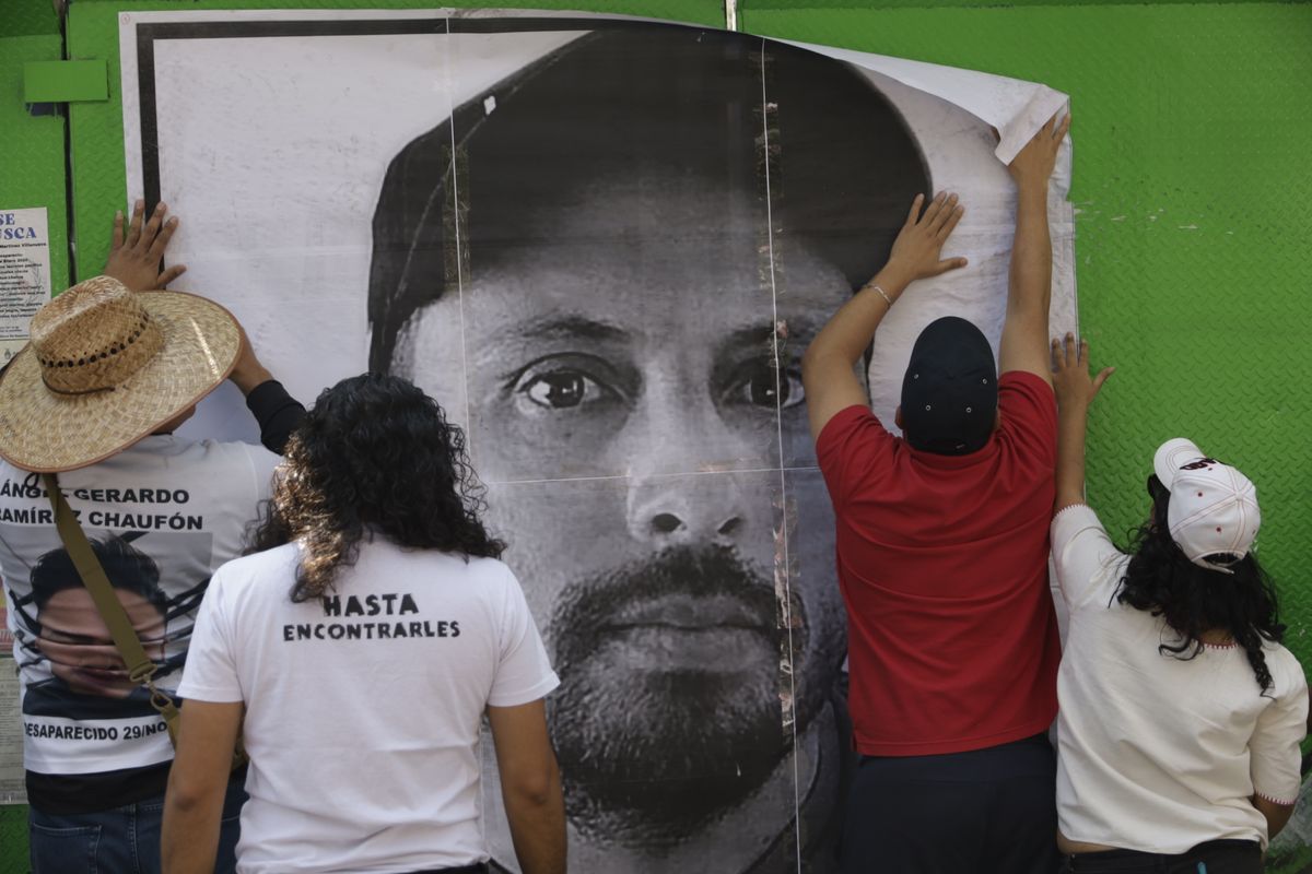 Human rights activists demand the safe return of Ricardo Lagunes and Antonio Díaz, community defenders who disappeared on January 15. Mexico City, Mexico, January 22, 2023.