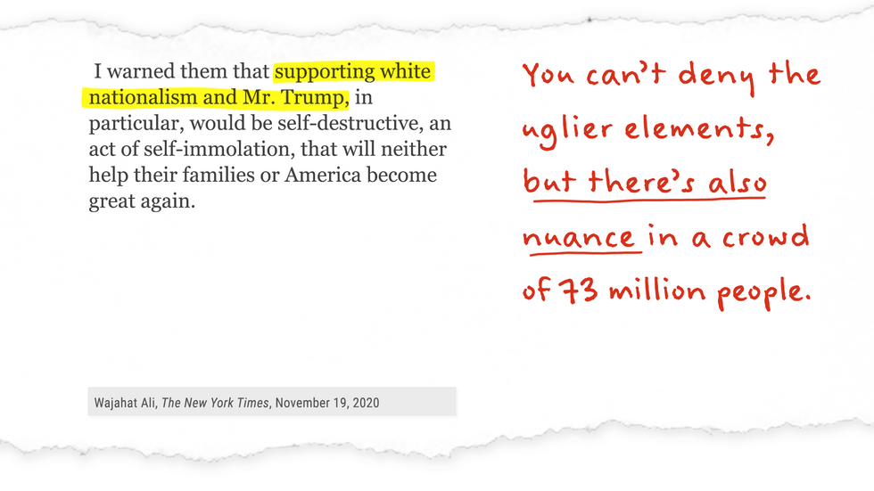 "I warned them that supporting white nationalism and Mr. Trump, in particular, would be self-destructive..." You can't deny the uglier elements, but there's also nuance in a crowd of 73 million people.