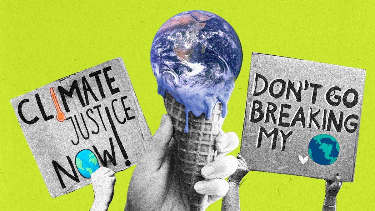 Ice cream cone with a melting globe surrounded by climate protest signs