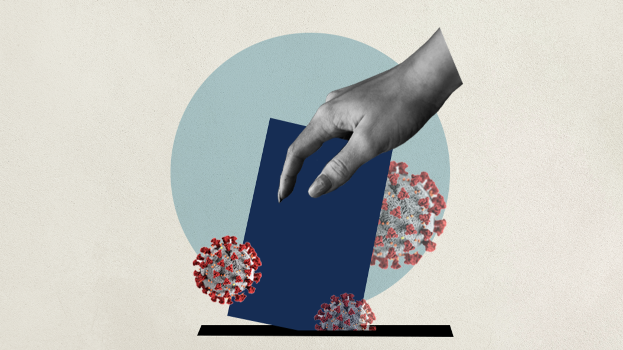 illustrated ballot box, surrounded by coronavirus