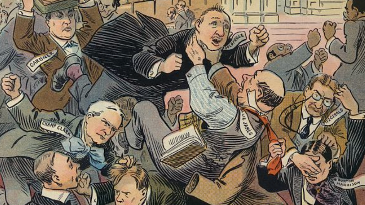 Illustration, a detail from a cover of Puck magazine in 1909, shows several congressmen engaged in a brawl on the floor of the House of Representatives.