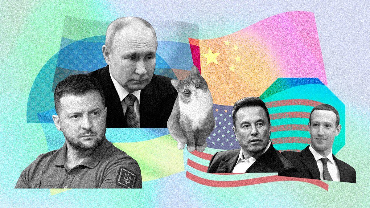 Illustration art with cutouts of Putin, Zelensky, a cat, Elon Musk & Mark Zuckerberg on with the flags of Russia, the US, China & Ukraine