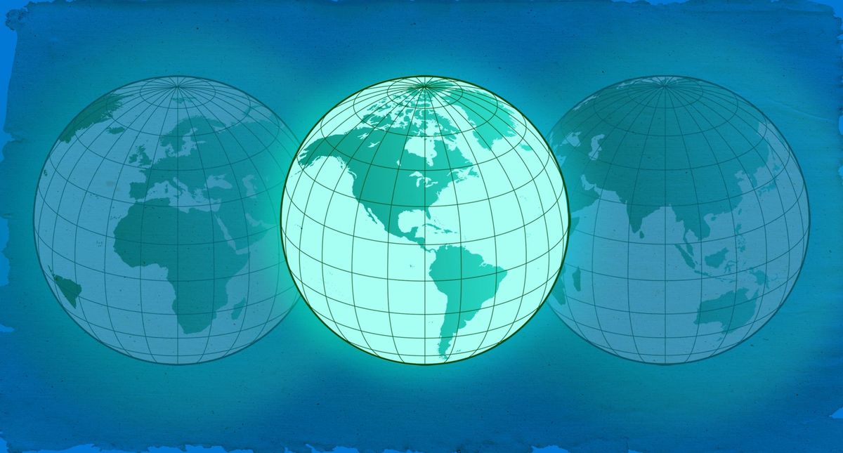 Illustration of 3 globes on a blue background, with a globe showing the Americas in the center. 