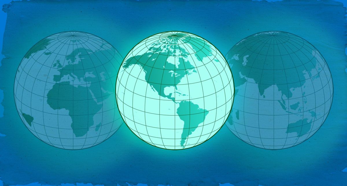 Illustration of 3 globes on a blue background, with a globe showing the Americas in the center.