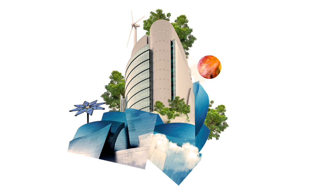 Illustration of a futuristic city with trees and solar panels & wind mills. Running on Fumes: The Future of Fossil Fuels Podcast