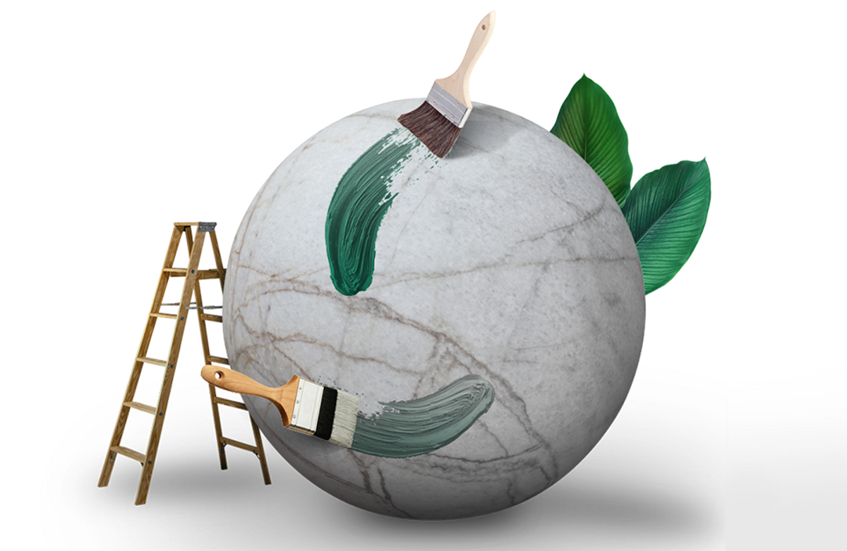 Illustration of a  globe being painted green, with paintbrushes and a ladder, with green leaves. Can private companies lead the way on climate action?