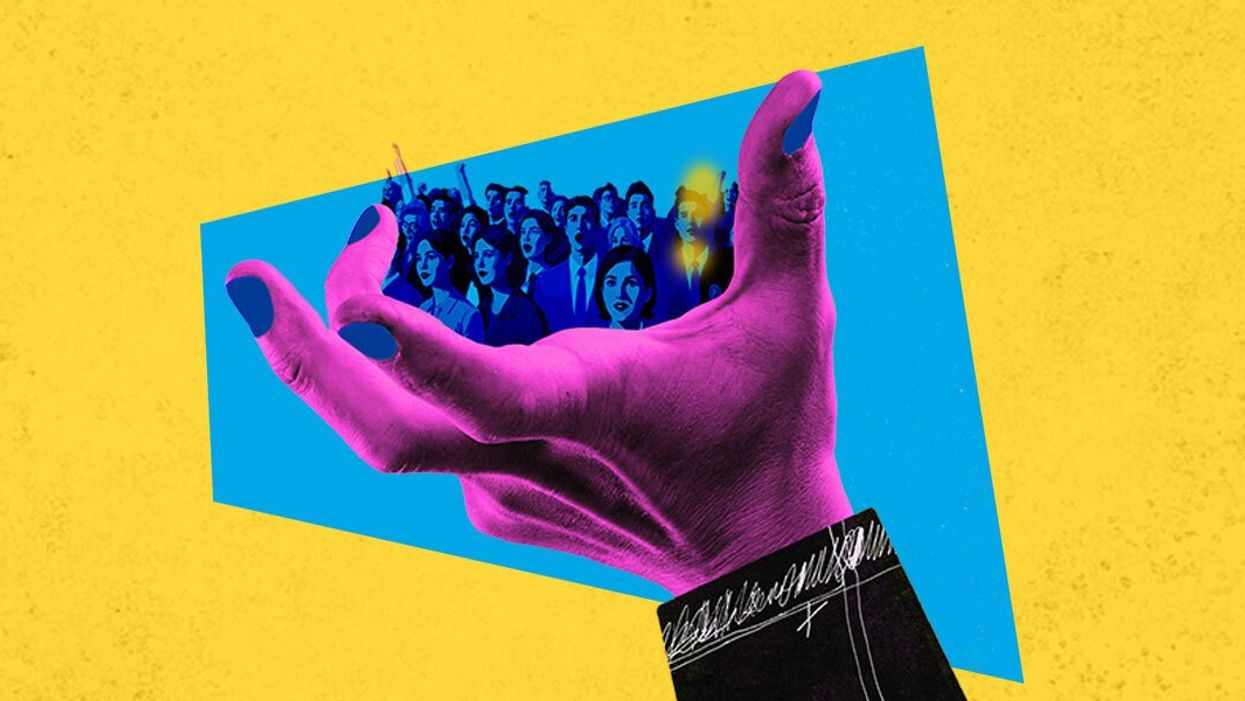 Illustration of a hand with a crowd of people being held | The Disinformation Election: Will the wildfire of conspiracy theories impact the vote?