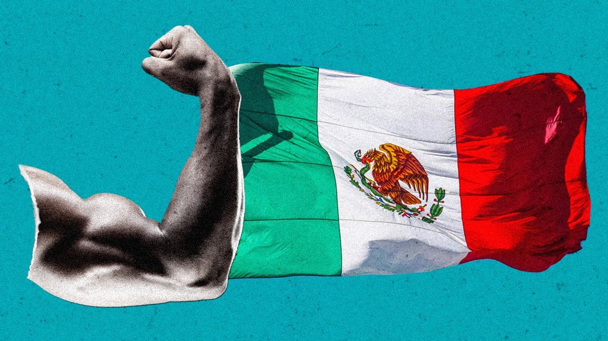 Illustration of a muscle-flexing arm beside a Mexican flag