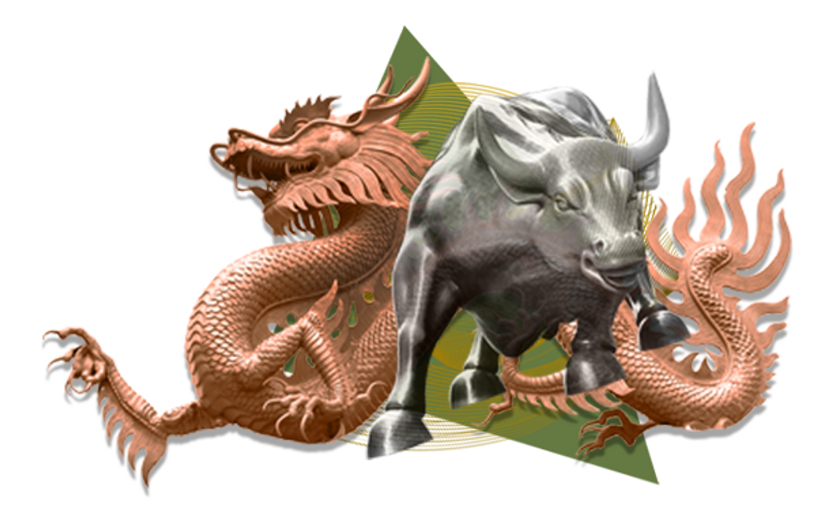 Illustration of a stylized dragon and a charging bull with abstract shapes behind them