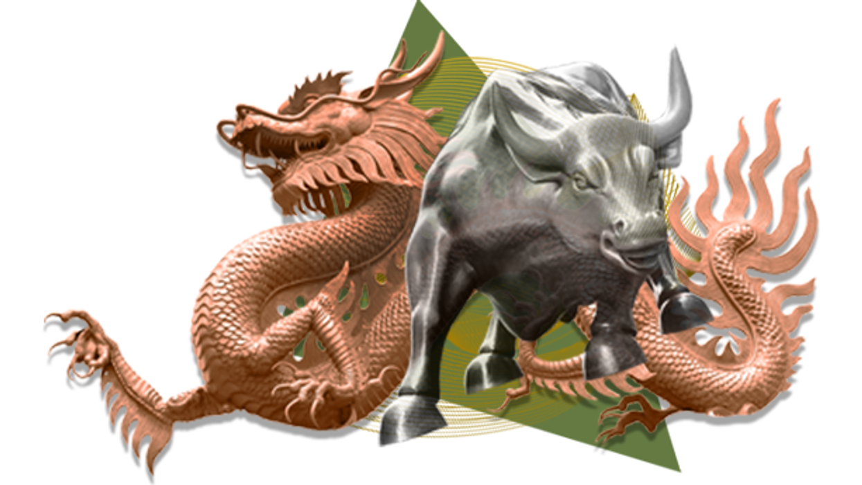 Illustration of a stylized dragon and a charging bull with abstract shapes behind them