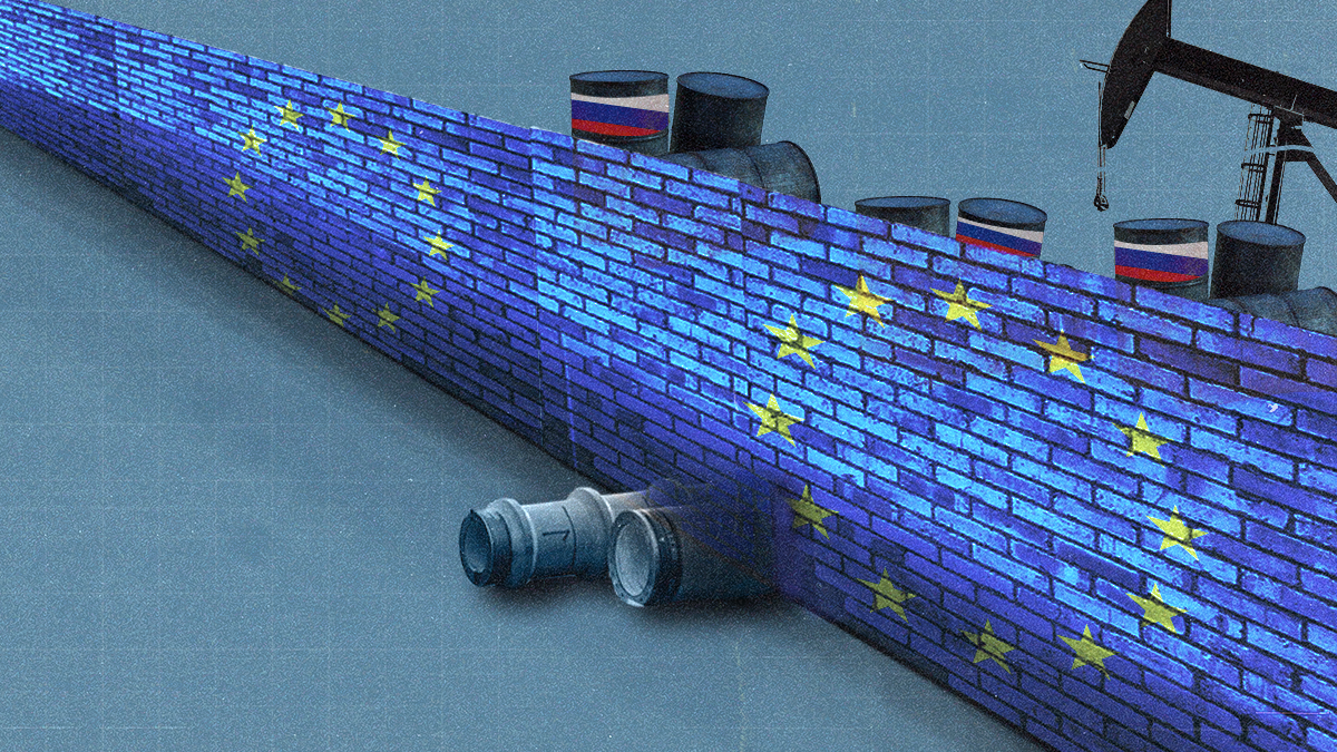Illustration of a wall with the EU flag colors with a Russian oil pipeline peeping through