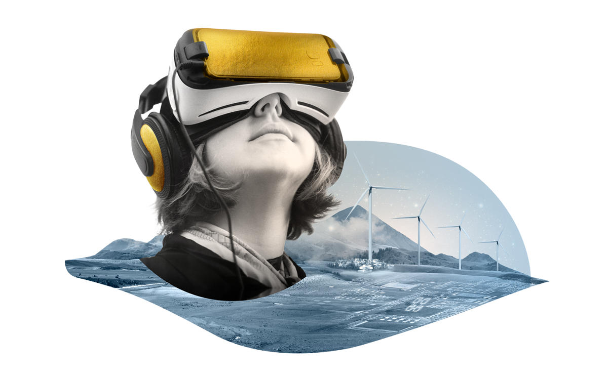 Illustration of a woman wearing virtual reality goggles and headphones, and a wind farm in a desert behind