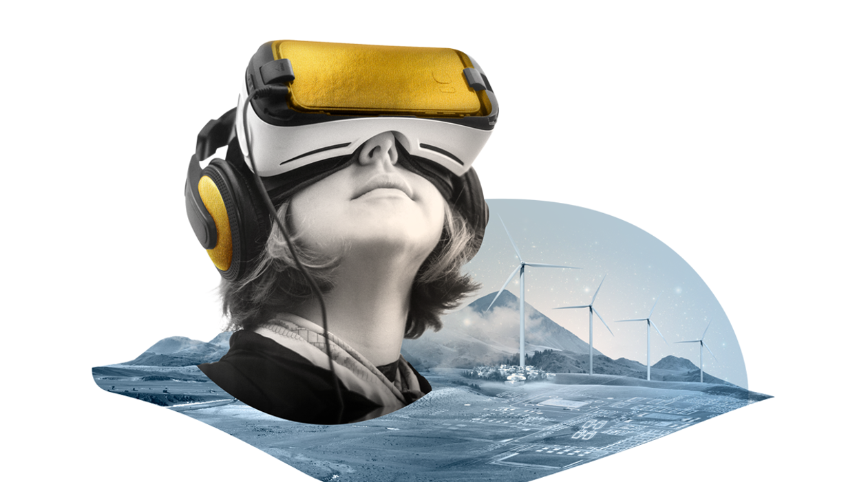Illustration of a woman wearing virtual reality goggles and headphones, and a wind farm in a desert behind