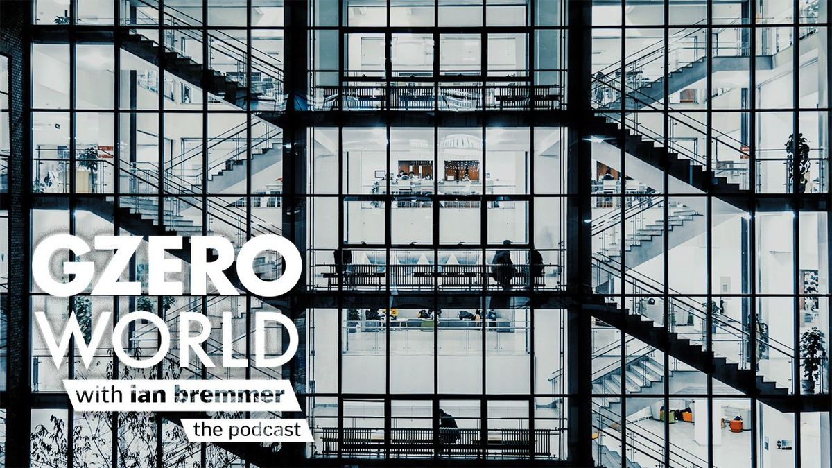 illustration of a workplace and GZERO WORLD with ian bremmer the podcast