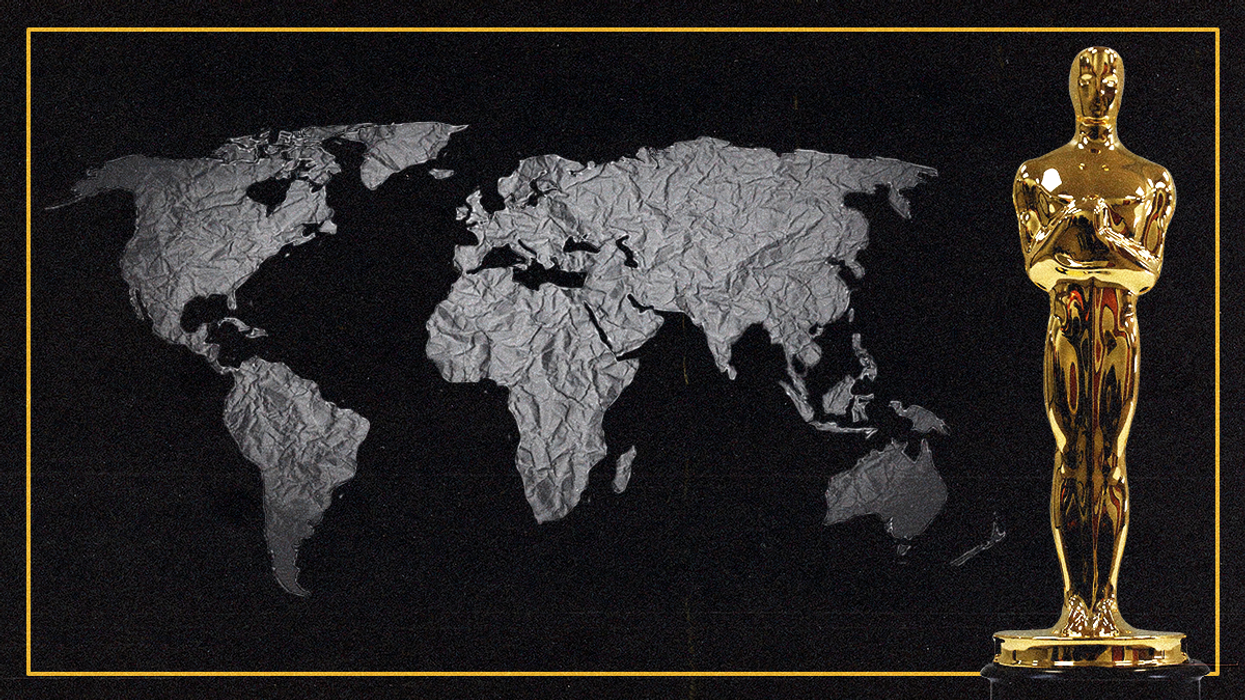 Illustration of a world map with an Academy Award statue