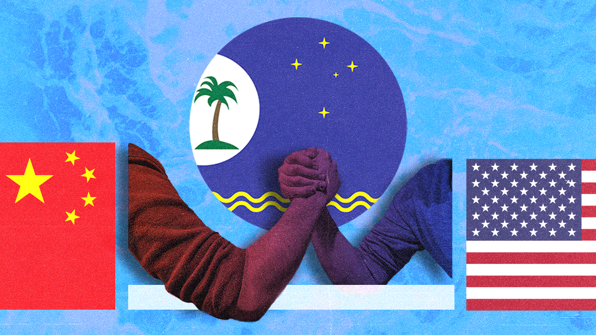 Illustration of China and US flags arm-wrestling over Pacific islands.