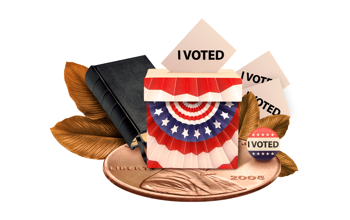 Illustration of "I voted" stickers and button, a ballot box with US flag design, on a huge penny with a book behind 