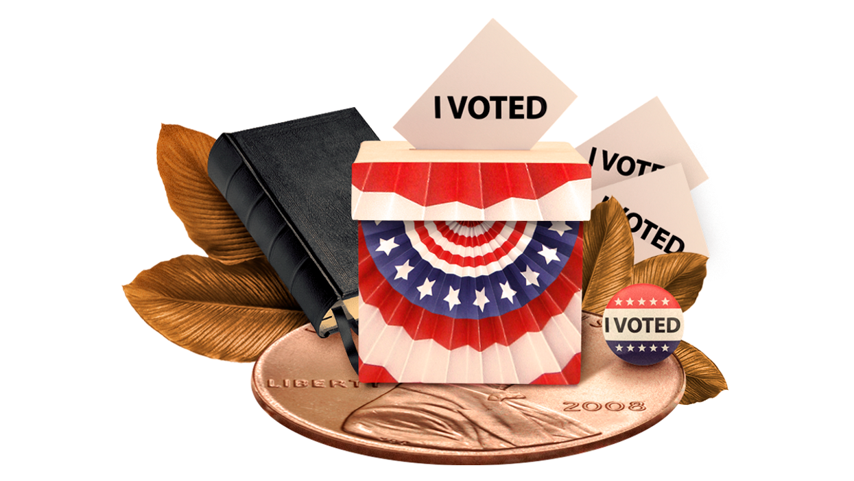Illustration of "I voted" stickers and button, a ballot box with US flag design, on a huge penny with a book behind