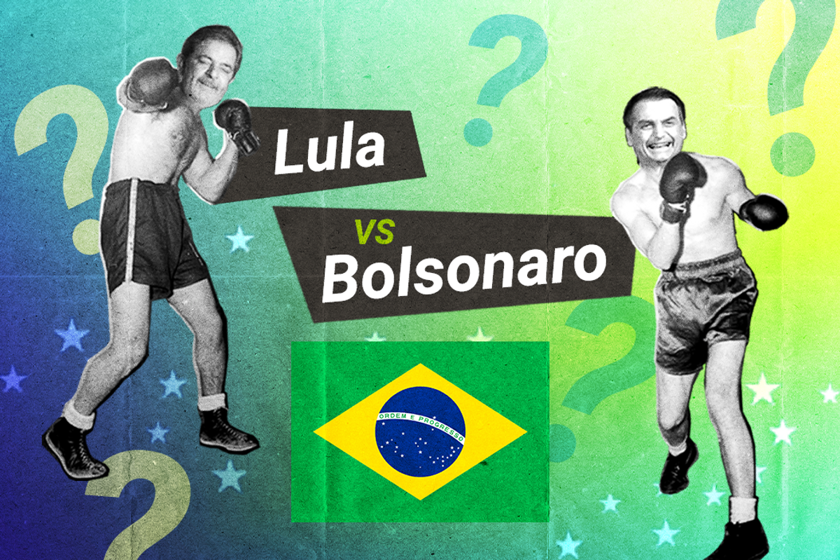 Illustration of Lula and Bolsonaro as boxers beside a Brazilian flag.