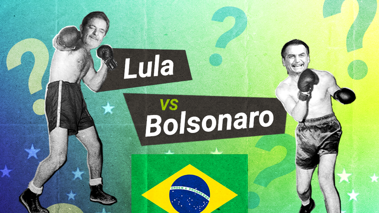 Illustration of Lula and Bolsonaro as boxers beside a Brazilian flag.