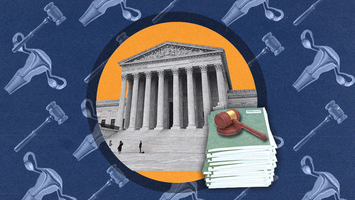 Illustration of SCOTUS and a gavel with court documents on a background of uteruses and gavels
