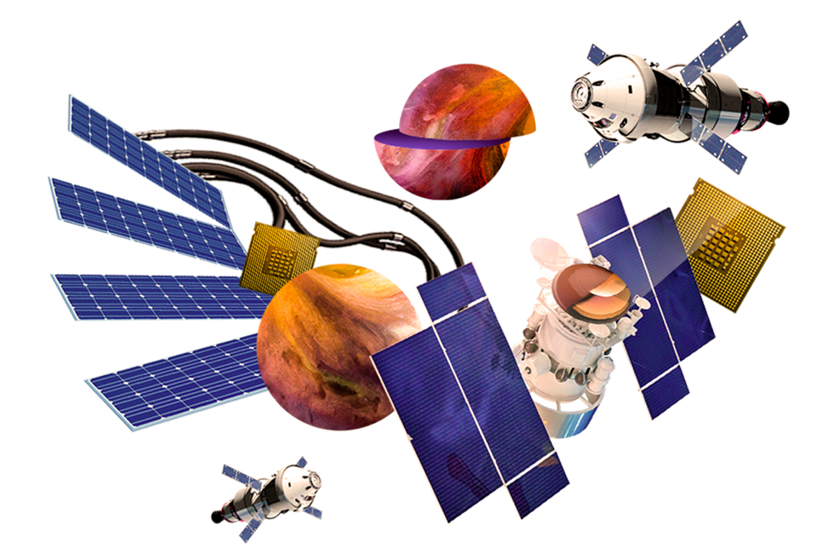 Illustration of space vehicles, planets, and abstract shapes