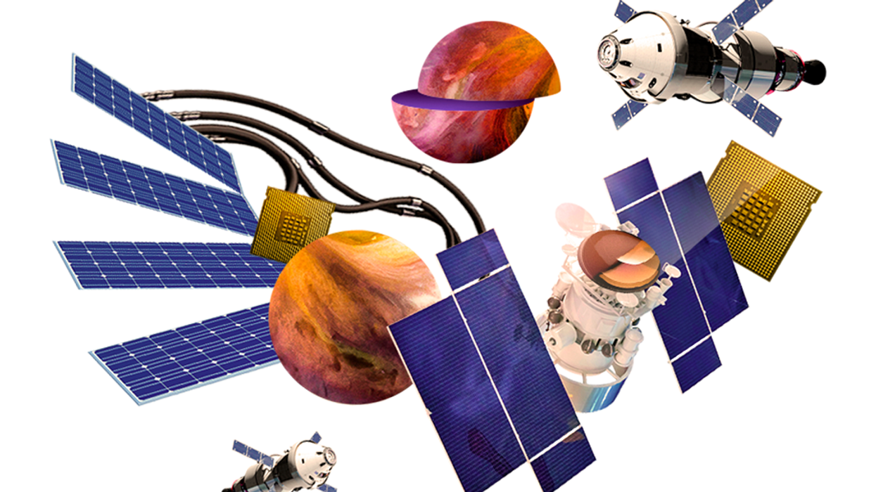 Illustration of space vehicles, planets, and abstract shapes