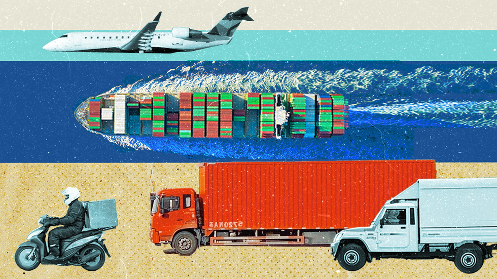 Illustration of supply chains: airplane, cargo ship, motorcycle, trucks