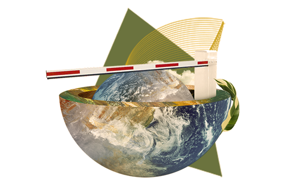 Illustration of the Earth cut in half with a tollbooth barrier lowered